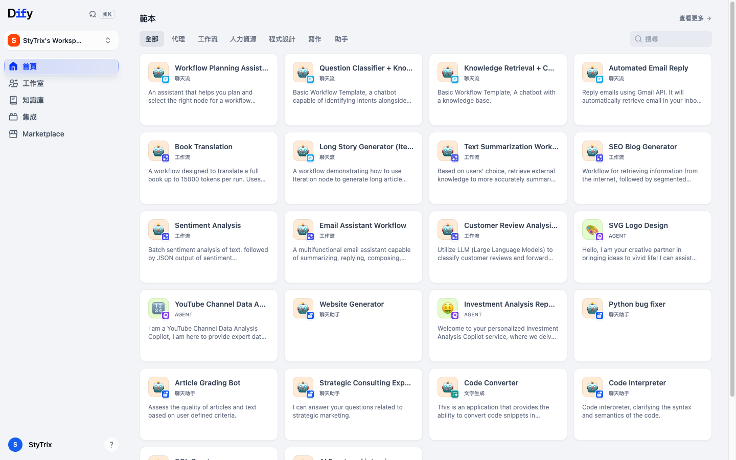 設定完成後進入 Dify 主控台首頁