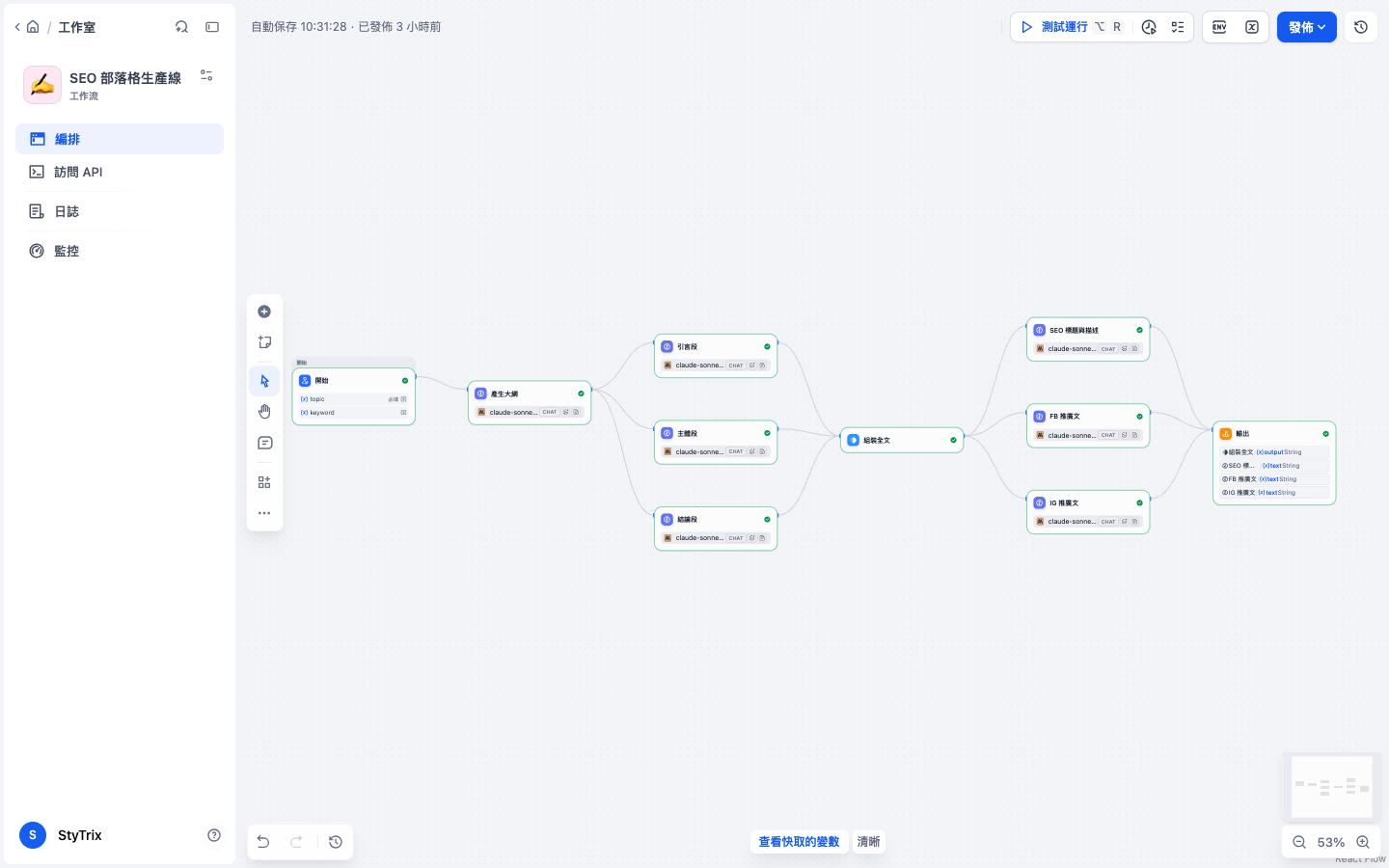 SEO 部落格生產線畫布，兩段平行執行